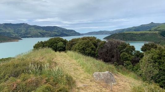Atop Onawe Peninsula looking out over Akaroa Harbour