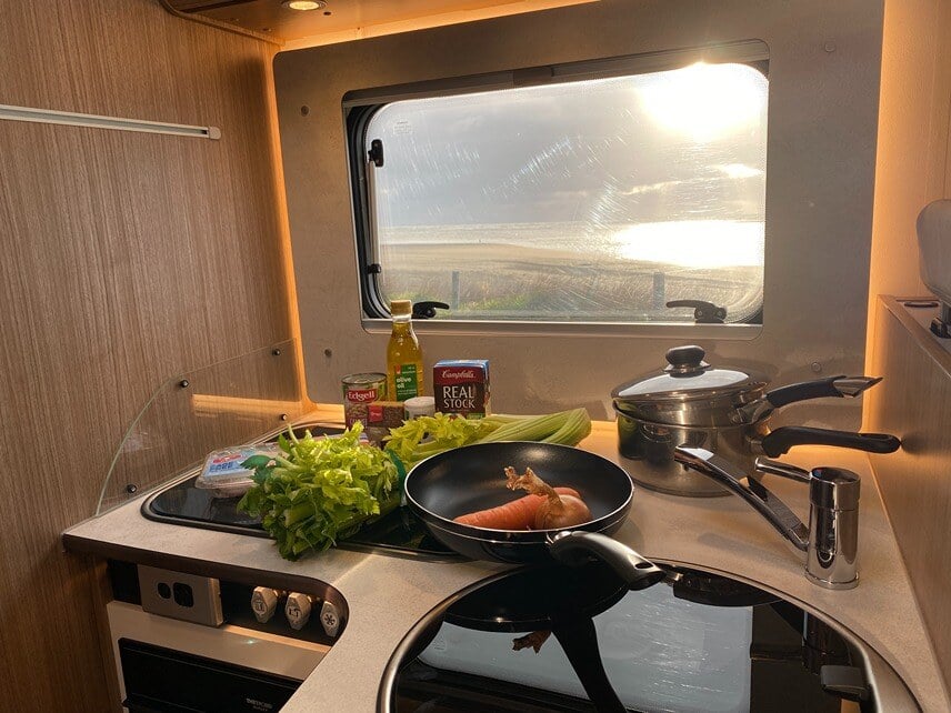 cooking with a view in a Wilderness motorhome