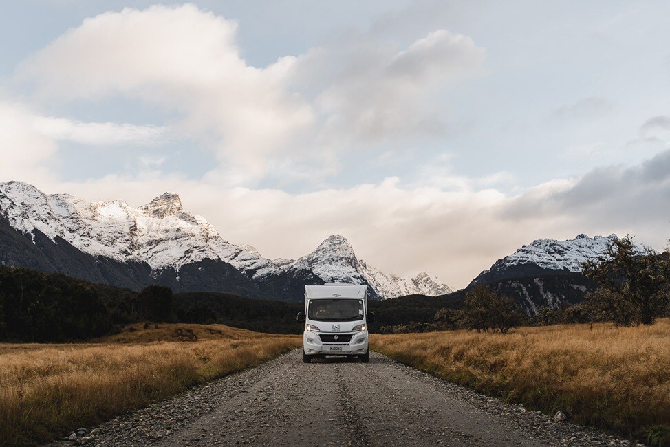 Wilderness Motorhome driving through mountains New Zealand