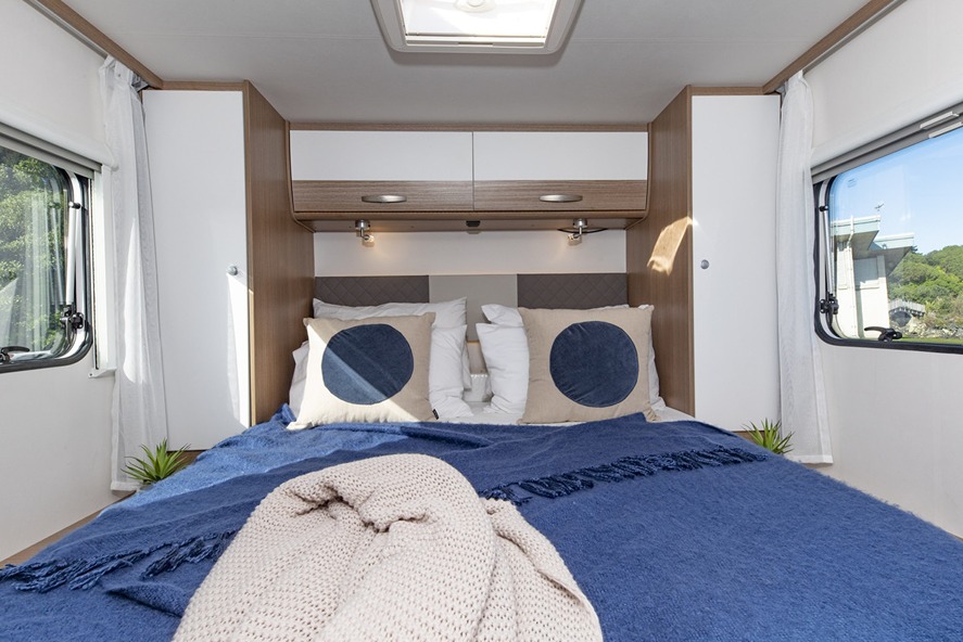 Fixed double bed in a luxury motorhome