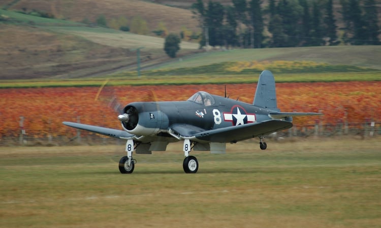 2011 Omaka Airshow Corsair War Bird Take Off Wither Hills vineyard background