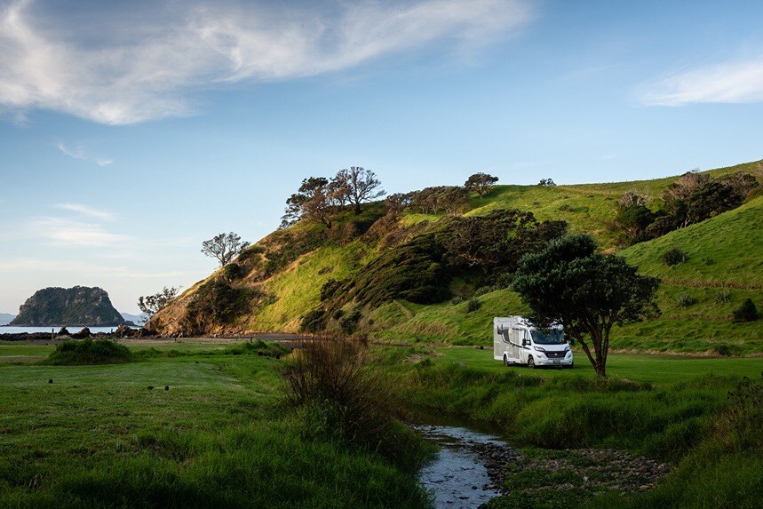 A Wilderness motorhome parked up at Fletcher Bay Campsite 