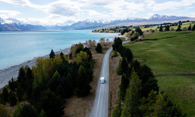Driving a Wilderness motorhome near Lake Pukaki in New Zealand