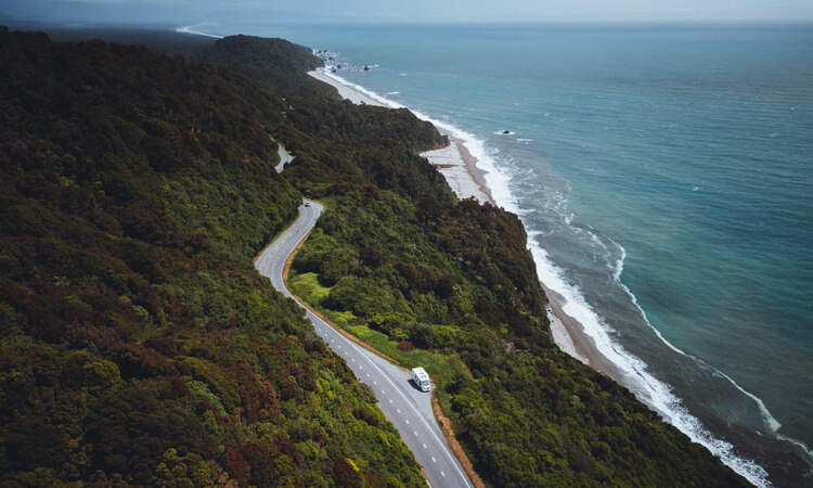 Driving a motorhome through a state highway in New Zealand