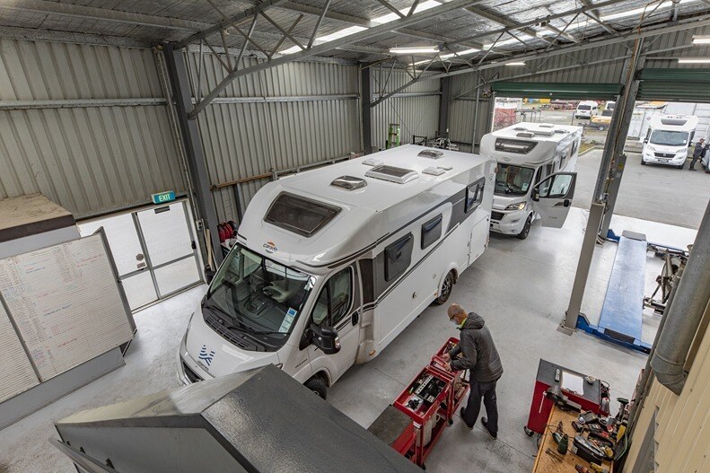 Motorhome in a workshop for maintenance