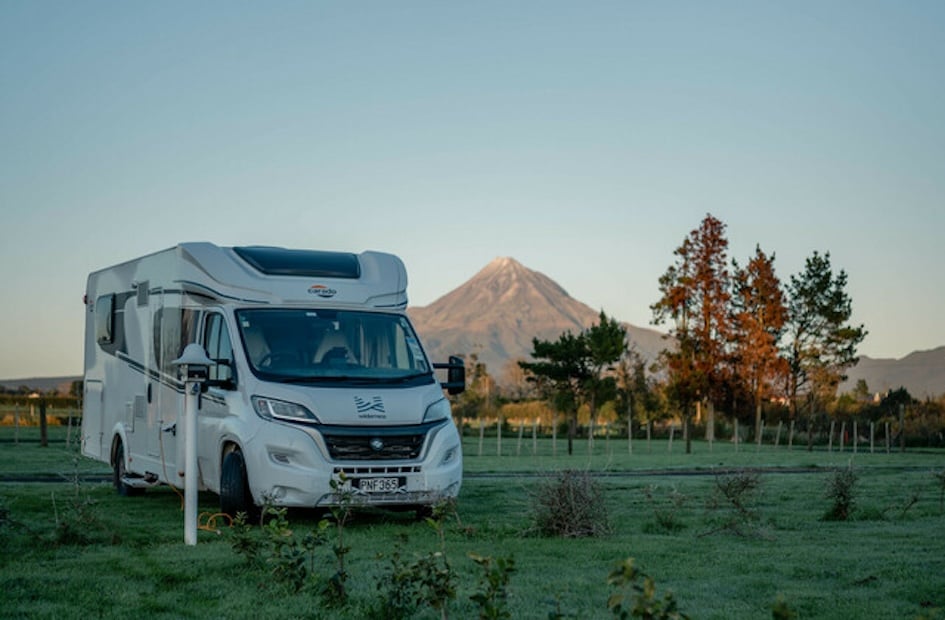Motorhome parked up in front of Mount Taranaki
