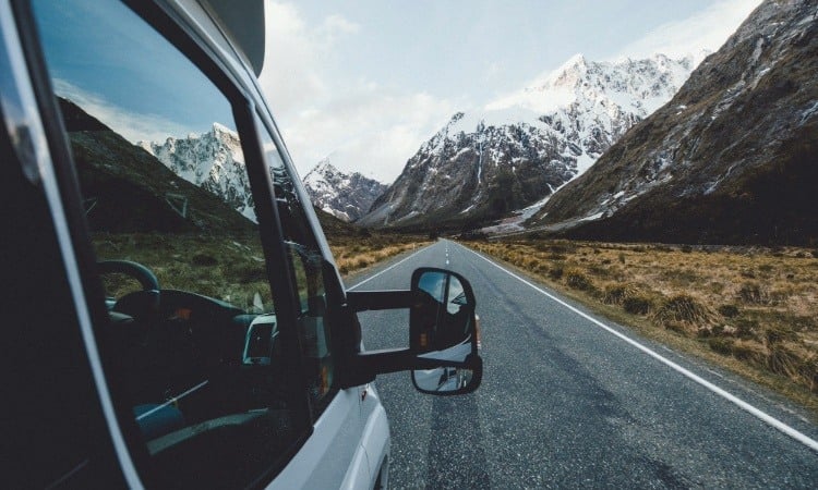 Driving a WIlderness motorhome towards Mildford Sound, New Zealand