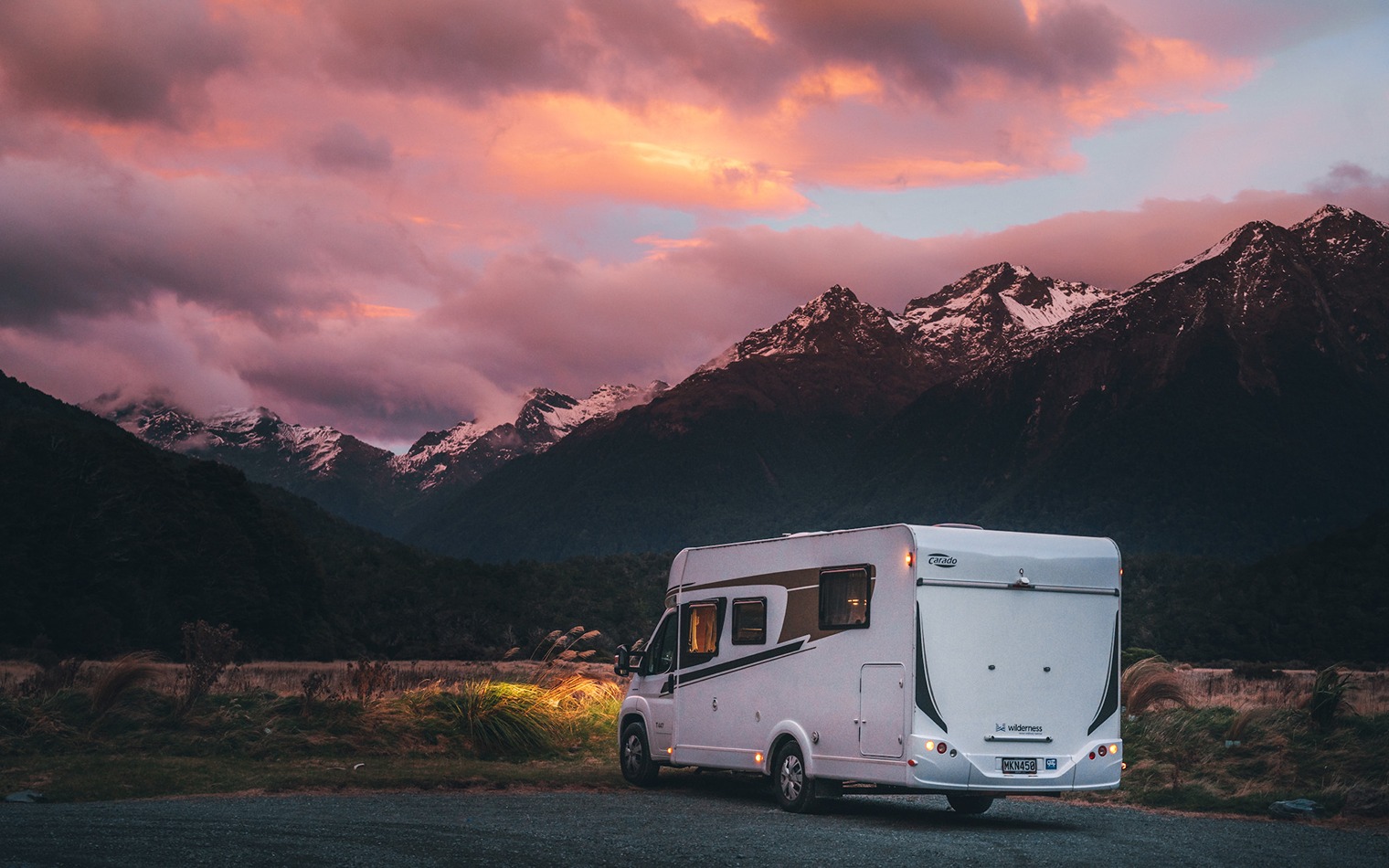 A motorhome parked up at night near Milford Sound