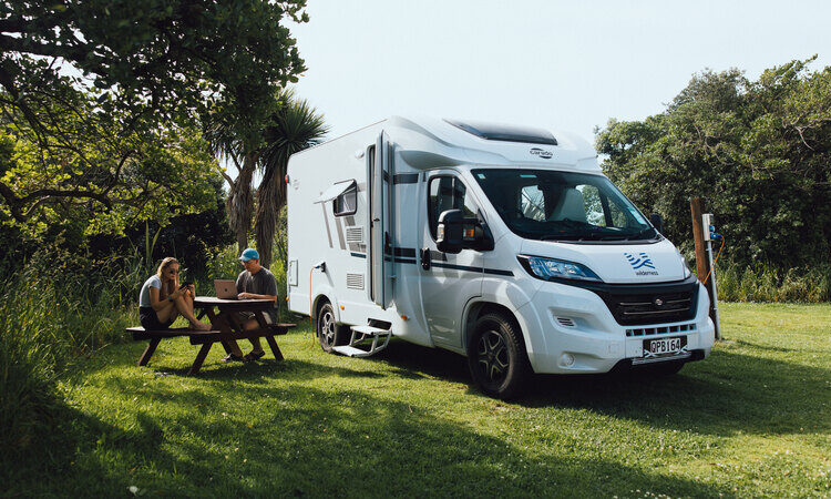 Digital nomads working remotely in the outdoor outside of their motorhome