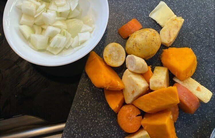 Cut up kumara, potato and onion