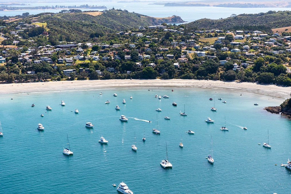 Aerial view of Waiheke Island with boats in the ocean