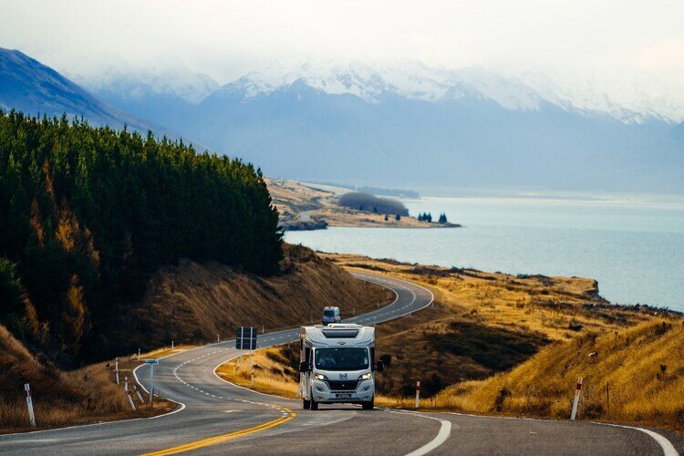 Windy road with motorhome Lake Pukaki