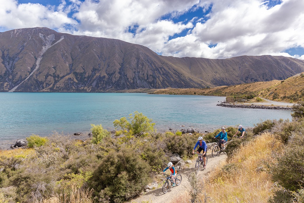 Cyclists on Alps 2 Ocean Cycle Trail at Lake Ōhau, Twizel - Credit to Rachel Gillespie