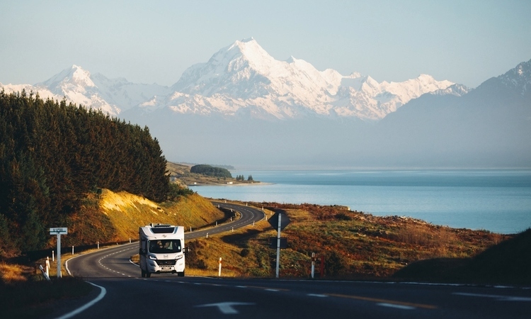 Aoraki Mount Cook in the background of a Wilderness Motorhome