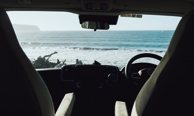 Bruce Bay - interior cab with ocean
