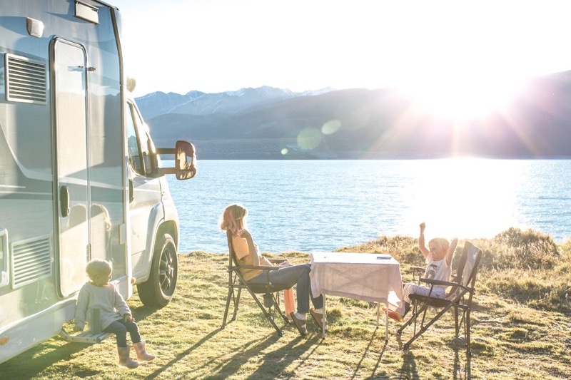 Family motorhome camping at Lake Pukaki