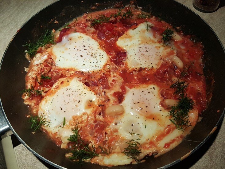 Roadside eggs cooking in Wilderness motorhome