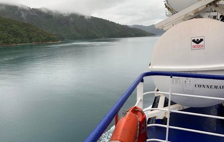 View from onboard the Interislander cruising through the Marlborough Sounds