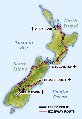 New Zealand auckland to christchurch map ferry and highway route