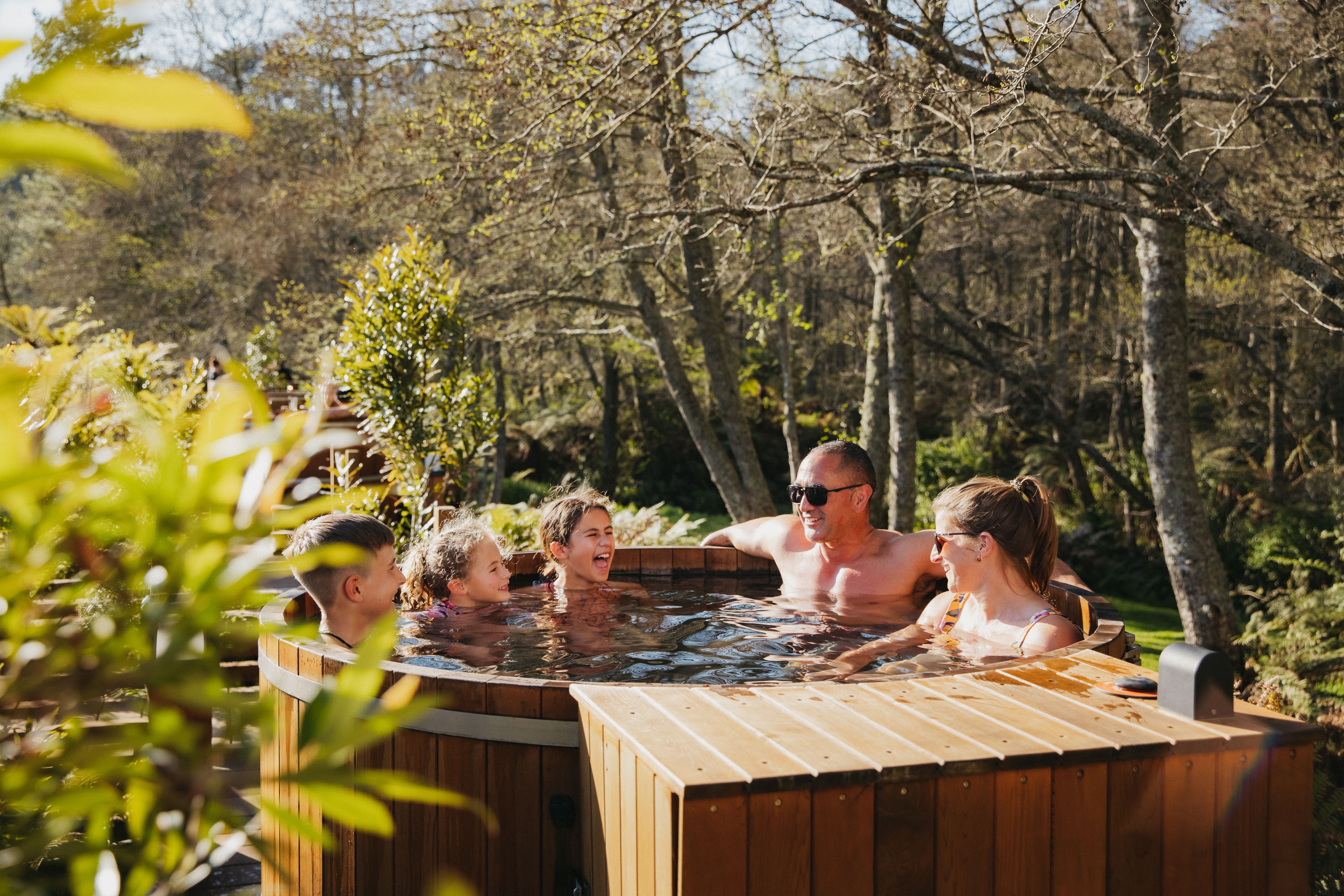Hot tub family laughing