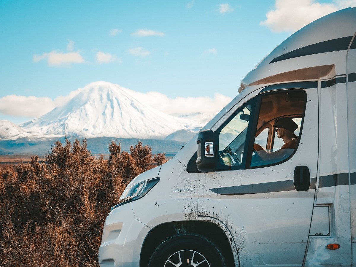 Wilderness Motorhome parked in front of Mount Ruapehu