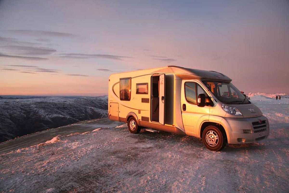 Motorhome sunset and snow