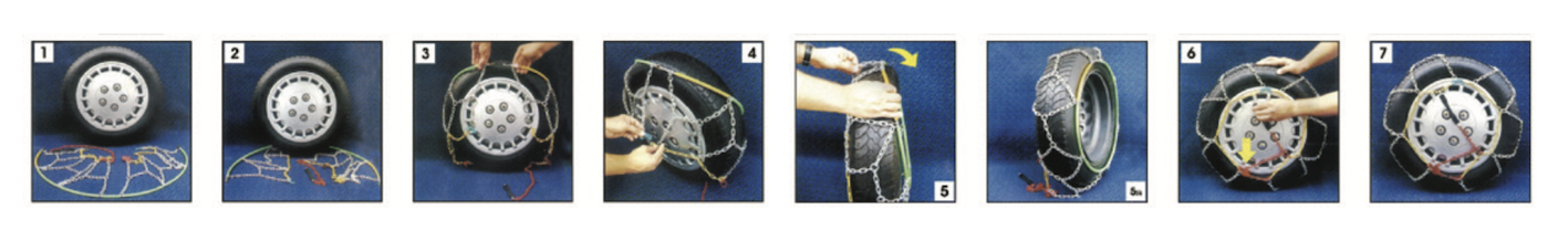 Step-by-step images of how to fit motorhome snow chains