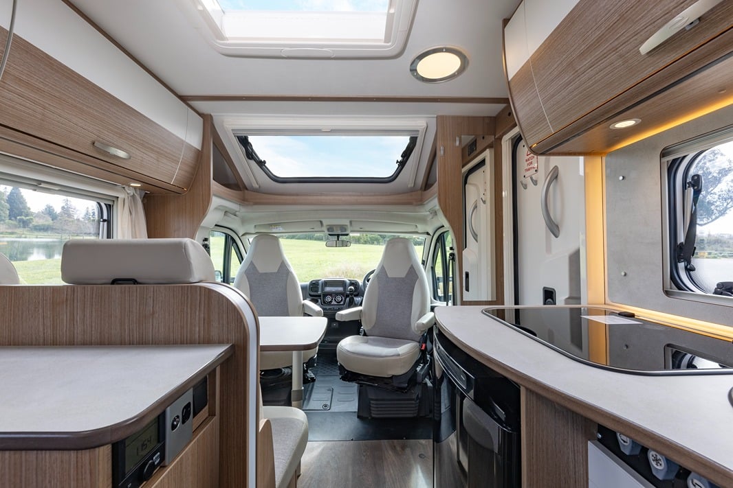 Kitchen facing forward of motorhome